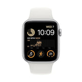 Refurbished Apple Watch SE 2022 with 44mm Silver Aluminium case and white sport band.