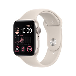 Refurbished Apple Watch SE 2022, 44mm Starlight Aluminium Case, White Sport Band