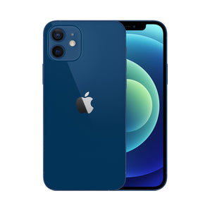 Refurbished iPhone 12 mini Blue with 12MP camera system and 75-point quality check assurance.
