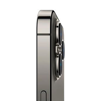 Refurbished iPhone 13 Pro Max in Graphite showcasing side view and camera lenses.