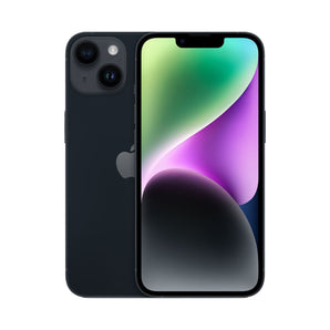 Refurbished iPhone 14 Midnight with dual-camera HDR system and sleek design.