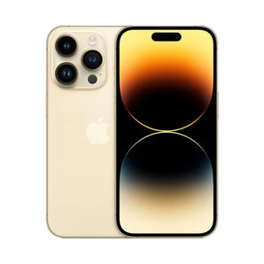 Refurbished iPhone 14 Pro Gold with 12MP camera system.