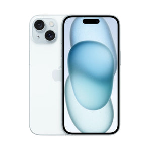 Refurbished iPhone 15 Plus Blue with 6.7-inch display and 48MP dual-camera system.