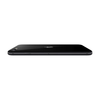 Refurbished iPhone SE 2020 Black lying flat, showcasing sleek design.