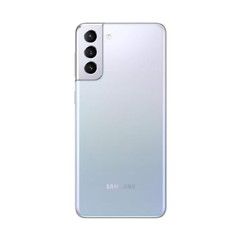 Refurbished Samsung Galaxy S21+ in Phantom Silver, showcasing sleek design and triple camera setup.