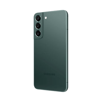 Refurbished Samsung Galaxy S22+ in green showing sleek design and triple camera.