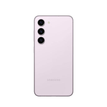 Refurbished Samsung Galaxy S23 in Lavender, rear view, showing triple camera setup.