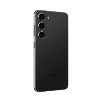 Refurbished Samsung Galaxy S23+ in phantom black showcasing sleek design and triple rear cameras.