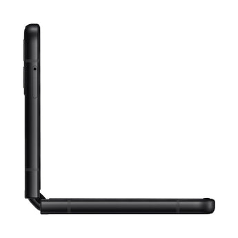 Refurbished Samsung Galaxy Z Flip3 in phantom black, side view.