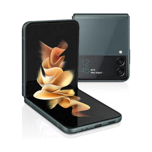 Refurbished Samsung Galaxy Z Flip3 in green, showcasing compact and stylish design.