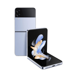 Refurbished Samsung Galaxy Z Flip4 in blue with cover screen for notifications.